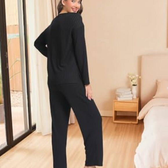 Ribbed Knit Lounge Set Long Sleeve Henley Top & Pants Sleepwear - Picture 3 of 8